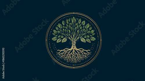 Elegant Tree of Life illustration with lush green leaves and intricate roots in a decorative circular emblem on a dark background.
