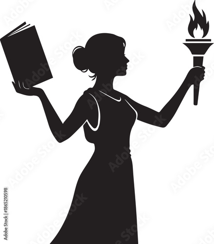 Silhouette of a woman holding a book and a flaming torch