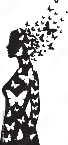 Silhouette of a woman dissolving into a swarm of butterflies