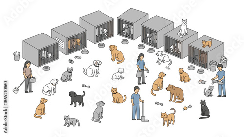 Isometric view depicting people feeding and cleaning various dogs and cats in and around cages at an animal shelter, highlighting daily care routines.