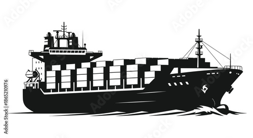 A striking black and white illustration depicts a large cargo ship sailing on the water silhouette