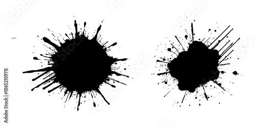 Abstract black ink splatter on a pure white background, irregular organic shape with rough jagged edges, paint drips and splashes radiating outward, high contrast, grunge texture, minimalist.
