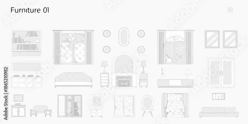 An illustrated collection of furniture items including sofas cabinets and decorative mirrors