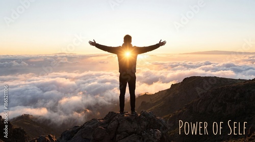 Silhouette of Man on Mountain Peak at Sunrise with Power of Self Text