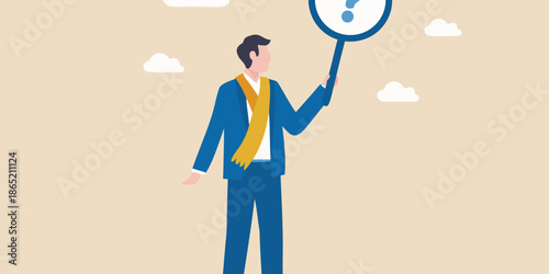 A man examining a question mark with a magnifying glass conceptual illustration