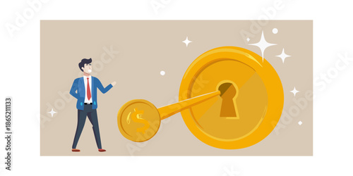 A businessman stands near a large golden coin with a keyhole
