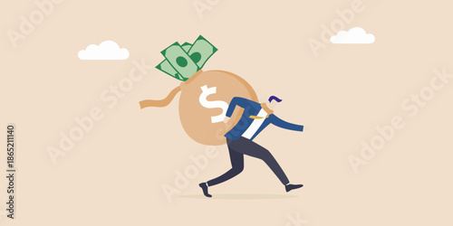 A businessman running with a large bag of money on his back
