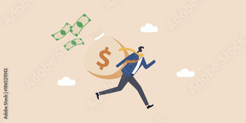 A person running with a bag of money symbolizing financial freedom and success