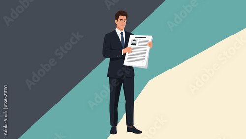 Businessman holding resume, presenting qualifications, job application, career success