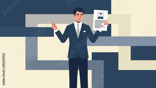 Businessman Holding Resume with Photo, Presenting Job Application