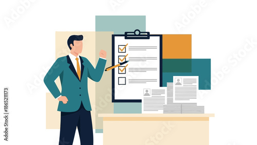 Businessman making checklist on clipboard, presenting document stack with resumes