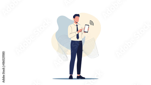 Businessman holding smartphone, showing digital signal, modern flat illustration