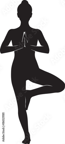 Silhouette of a woman in a yoga tree pose with hands pressed together