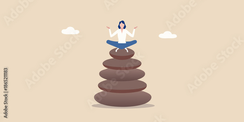 A person meditating atop a balanced stone tower finding inner peace