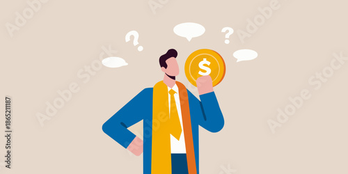 A person considering financial decisions surrounded by questions and a dollar sign
