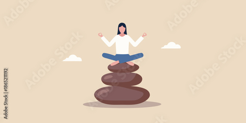 Woman meditating in lotus position atop balanced stone stack peaceful scene