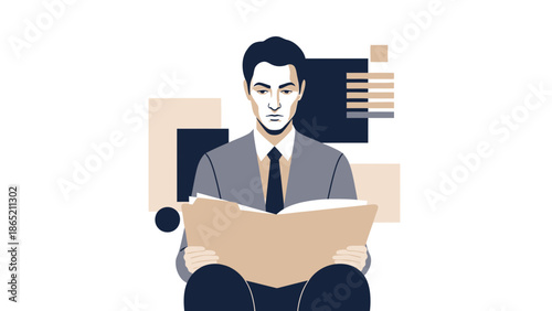 Businessman Reading Book, Modern Flat Illustration, Knowledge and Learning Concept