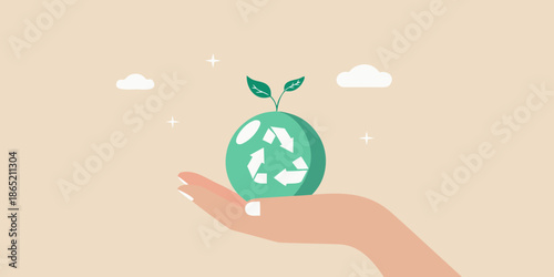 A hand gently cradling a seedling growing from a recycling symbol