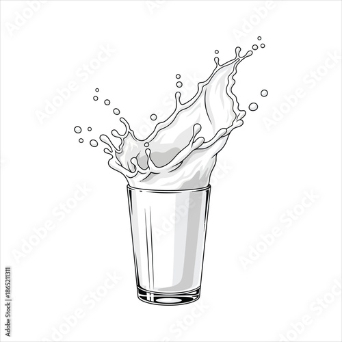 Milk splash crown rising from glass silhouette representing dynamic fluid motion and dairy freshness in black and white