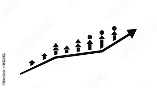 Business growth chart with people icons rising up on increasing trend line to success, progress and development concept in black and white