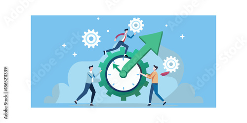 Teamwork and progress people collaborating with gears and an upward arrow