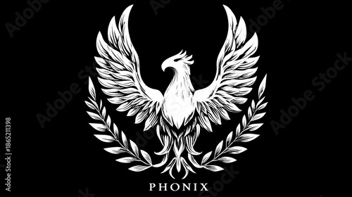 Majestic White Phoenix Illustration with Spread Wings and Laurel Wreaths on Black Background, Symbolizing Rebirth and Power