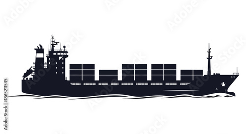 A striking black silhouette of a large cargo ship sailing on the water conveying global trade silhouette