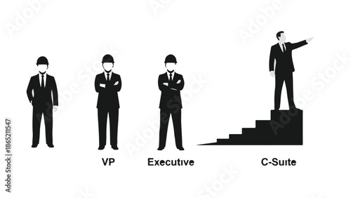 Business hierarchy corporate ladder concept with silhouetted executives and leader on top step to success in modern office setting