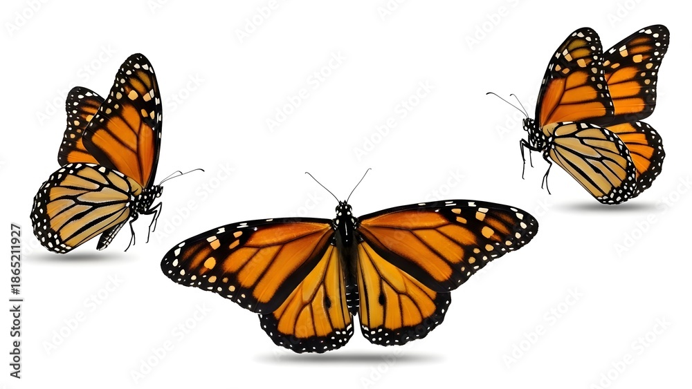 Fototapeta premium Monarch butterfly isolated on white background flying with colorful wings