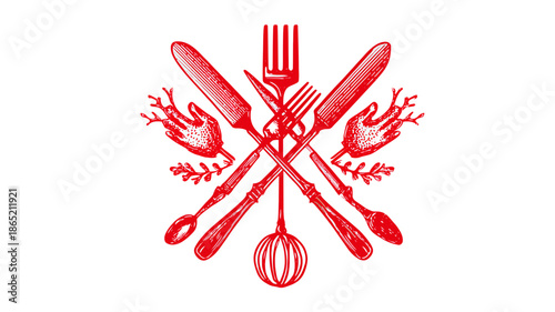 Elegant vintage red hand-drawn culinary illustration with crossed knives, forks, spoons, and whisk on white background