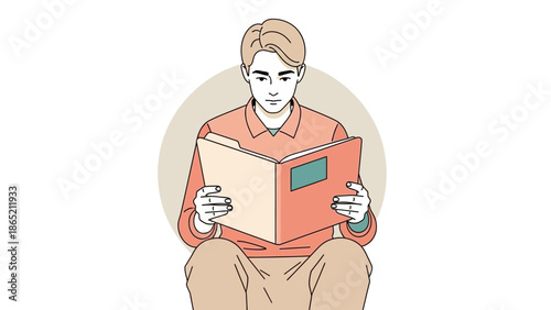 Young man reading a book, illustration, simple style, focused expression