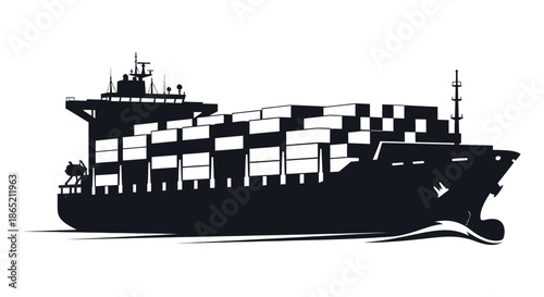 A striking black silhouette of a large cargo ship moving through the water design element