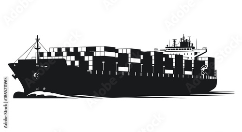 A striking black and white image depicts a large cargo ship cutting through water a dramatic silhouette