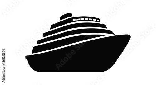 A striking black and white image depicting the side profile of a large cruise ship silhouette