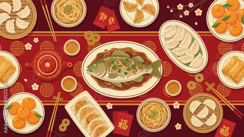 A vibrant vector illustration of a traditional Chinese New Year's dinner table with various dishes and decorations