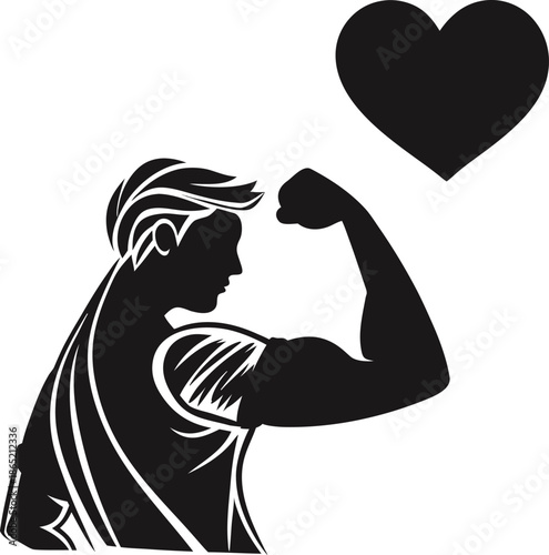 Man flexing arm with heart above him symbolizing love and strength