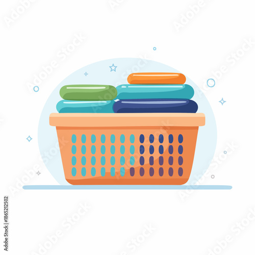 Vibrant Illustration of Freshly Washed and Folded Apparel Arranged in an Orange Laundry Hamper, Depicting Domestic Life and Daily Chores