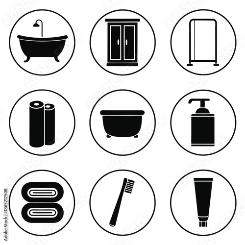 Black silhouette icons of bathroom items and toiletries