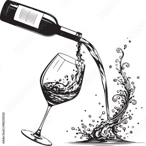 Wine bottle pouring into glass with splashing liquid