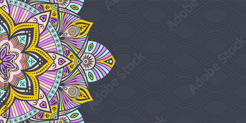 Horizontal mandala banner. Decorative flower mandala background with place for text. Color mandala on dark background. Arabic Islamic style. Yellow, pink, blue colors. Vector color illustration.