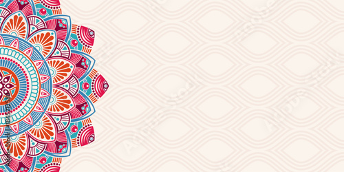 Horizontal color vector mandala banner. Decorative flower mandala background with place for text. Colorful abstract graphics. Arabic, islamic east style. Vector color illustration.
