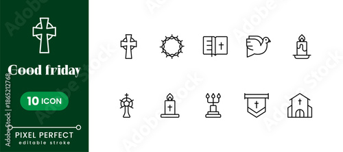 Christian Good Friday icon pack featuring cross, crown of thorns, nail symbols in clean vector style for church media, print, and digital use.
