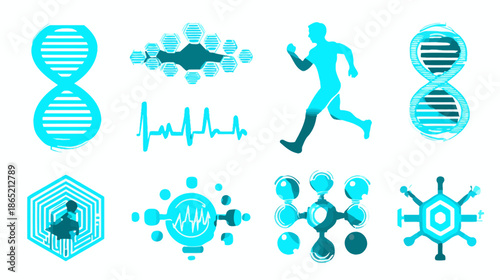 Modern Science and Health Icon Set: DNA, Human Fitness, Heartbeat, Genetic, Molecular Biology & Technology Graphics