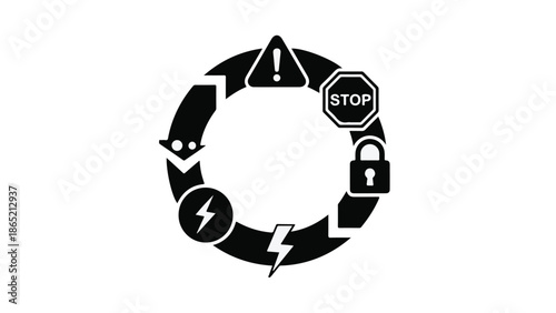 Circular process of energy safety and security icons, warning signs and symbols for protection and caution, modern illustration for business and technology concepts