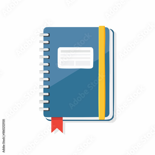 A blue spiral-bound notebook with a yellow elastic band and a red bookmark, perfect for journaling, note-taking, or sketching