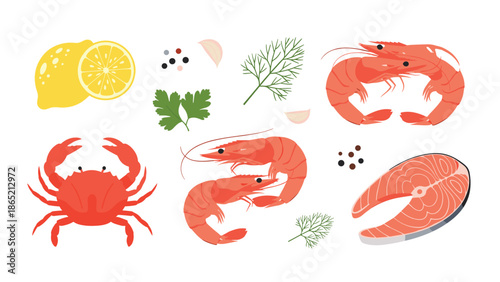 Diverse collection of fresh seafood items, including a vibrant crab, succulent shrimp, and a salmon steak, complemented by lemons, herbs, and spices.