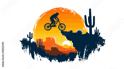 Mountain biker silhouette jumping over a cliff in a desert landscape at sunset, extreme sports adventure illustration.