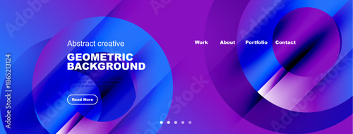 Modern website banner design. Blue, purple gradients dominate. Geometric shapes create dynamic visual effect. Text highlights portfolio, work details.