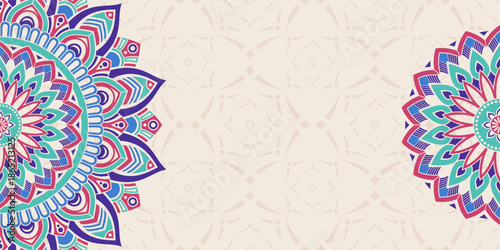 Horizontal mandalas banner. Decorative flower mandala background with place for text. Colorful abstract mandala background. Arabic, islamic east style. Vector color illustration.