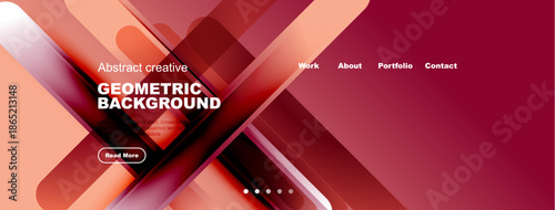 Modern design features geometric shapes, vibrant colors, text overlay. Website header with navigation options, button visible.